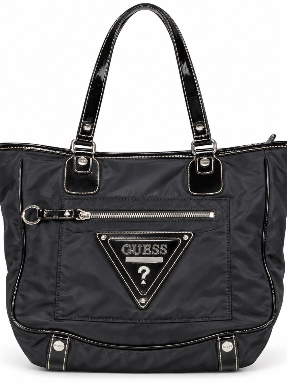 Y2K GUESS Black Quilted Logo Tote with Patent Trim